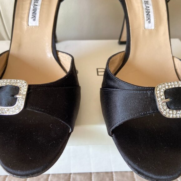 Manolo Blahnik Black Satin Crystal Jeweled Peep-Toe D'Orsay Pumps - Picture 3 of 10